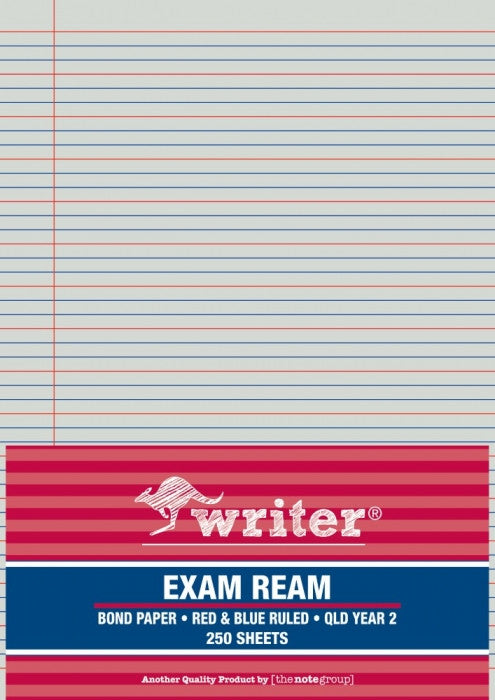 Writer A4 Exam Paper QLD Year 2 Red Blue Ruled Portrait Ream 250 Sheets — front of ream