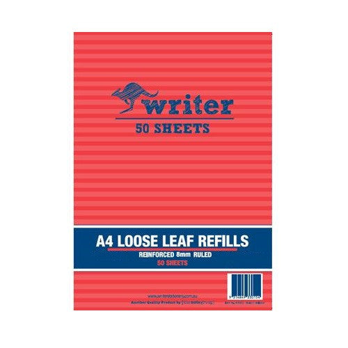 Writer A4 Reinforced Binder Refills 8mm Ruled Pack of 50 Sheets