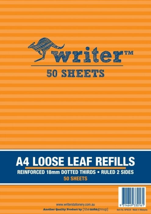Writer A4 Reinforced Binder Refills 18mm Dotted Thirds 50 Sheet Pack of 40
