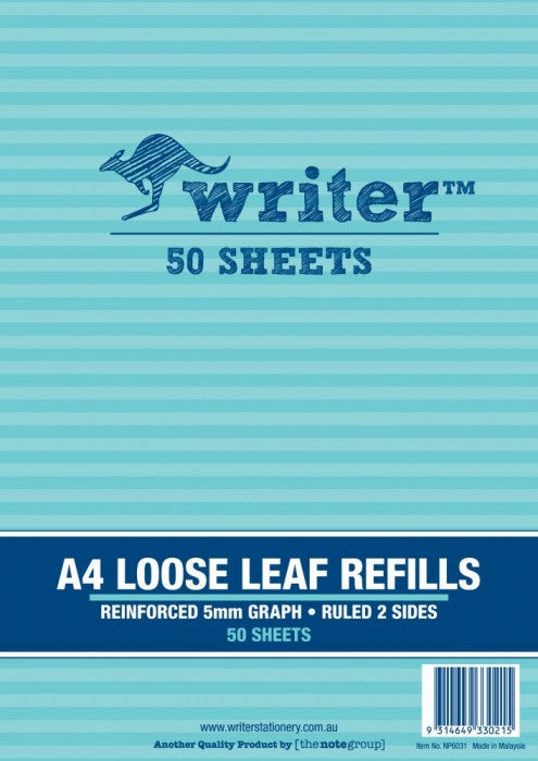 Writer A4 Reinforced Binder Refills 5mm Graph Ruled 50 Sheets Pack of 40