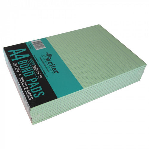 Writer Premium Bond Pad Ruled A4 Green 50 Leaf Double Sided Pack of 10