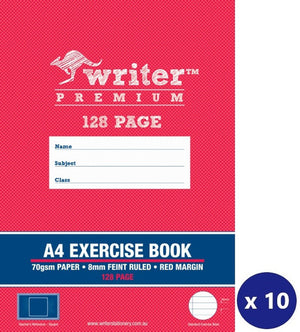 Writer Premium Exercise Book A4 128 Page 8mm Ruled Red Margin Square Cover Pack 10 — front cover