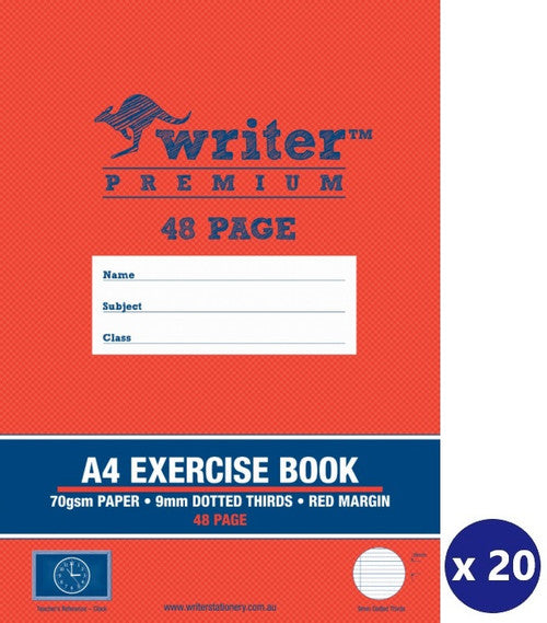 Writer Premium Exercise Book A4 48 Page 9mm Dotted Thirds Red Margin Clock Cover Pack 20 — front cover