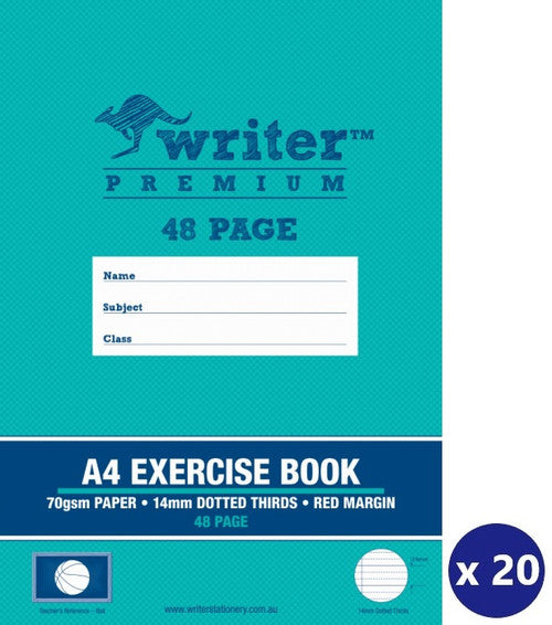 Writer Premium Exercise Book A4 48 Page 14mm Dotted Thirds Red Margin Pack 20 — front cover