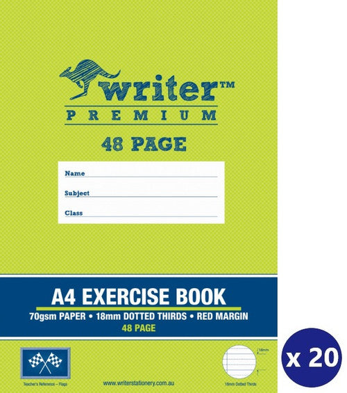 Writer Premium Exercise Book A4 48 Page 18mm Dotted Thirds Red Margin Pack 20 — front cover