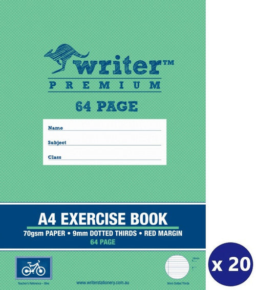 Writer Premium Exercise Book A4 64 Page 9mm Dotted Thirds Red Margin Pack 20 — front cover