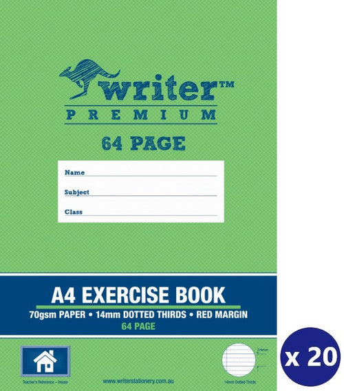 Writer Premium Exercise Book A4 64 Page 14mm Dotted Thirds Red Margin Pack 20 — front cover