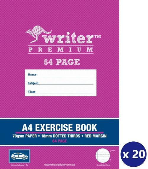 Writer Premium Exercise Book A4 64 Page 18mm Dotted Thirds Red Margin Pack 20 — front cover