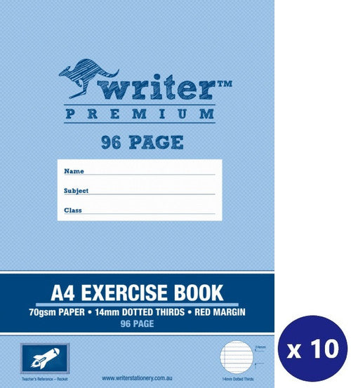 Writer Premium Exercise Book A4 96 Page 14mm Dotted Thirds Red Margin Pack 10 — front cover