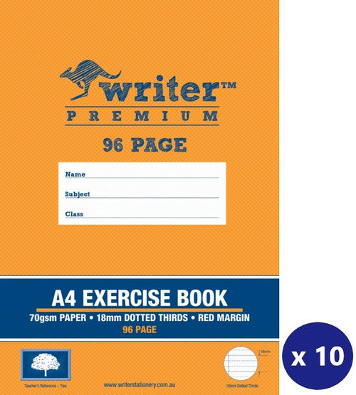 Writer Premium Exercise Book A4 96 Page 18mm Dotted Thirds Red Margin Pack 10 — front cover