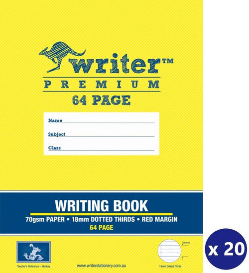 Writer Premium Writing Book A4 64 Page 18mm Dotted Thirds Red Margin Monkey Cover Pack 20 — front cover