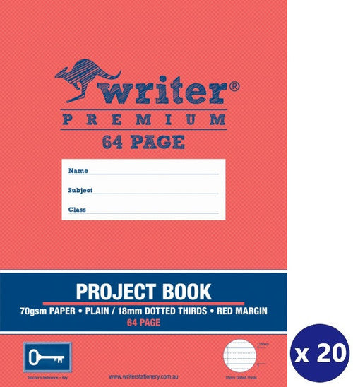 Writer Premium Project Book A4 64 Page Plain plus 18mm Dotted Thirds Red Margin Key Cover Pack 20 — front cover