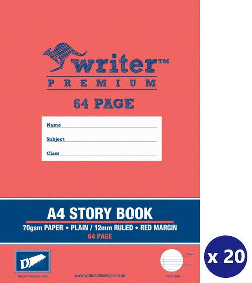 Writer Premium Story Book A4 64 Page Plain and 12mm Ruled Red Margin Saw Cover Pack 20 — front cover