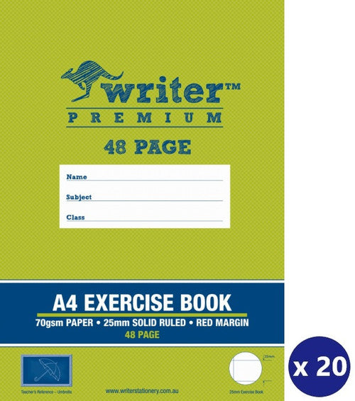 Writer Premium Exercise Book A4 48 Page 25mm Solid Ruled Red Margin Umbrella Cover Pack 20 — front cover