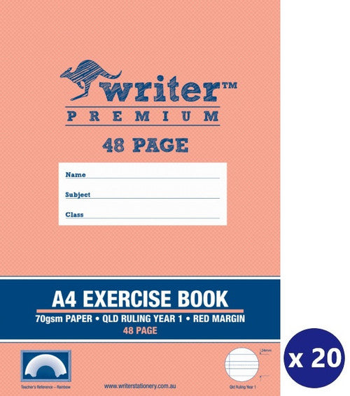 Writer Premium Exercise Book A4 48 Page QLD Year 1 Ruled Red Margin Rainbow Cover Pack 20 — front cover