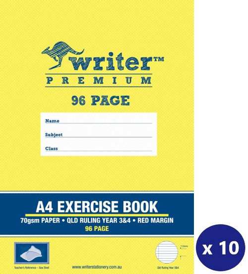 Writer Premium Exercise Book A4 96 Page QLD Year 3 4 Ruled Red Margin Sea Shell Cover Pack 10 — front cover