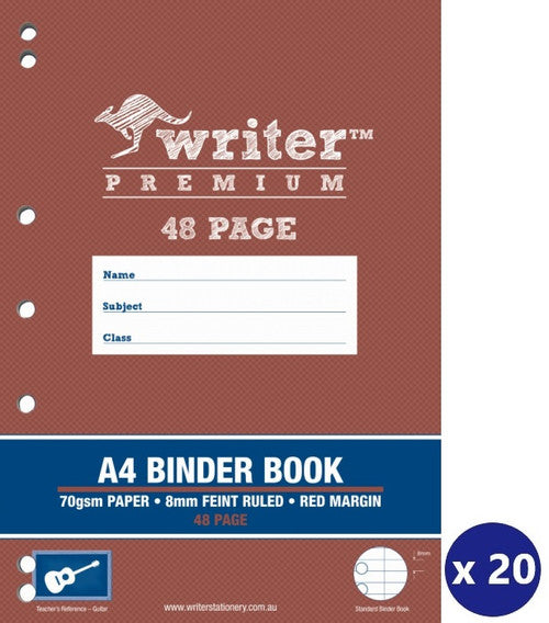 Writer Premium Binder Book A4 48 Page 8mm Ruled Red Margin Guitar Cover Pack 20 — front cover