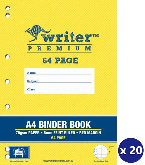 Writer Premium Binder Book A4 64 Page 8mm Ruled Red Margin Piano Cover Pack 20 — front cover