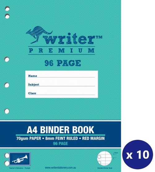 Writer Premium Binder Book A4 96 Page 8mm Ruled Red Margin Trumpet Cover Pack 10 — front cover