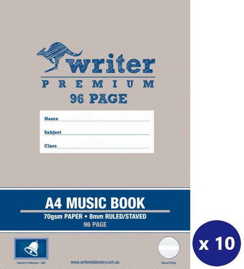 Writer Premium Music Book A4 96 Page 8mm Ruled and Staved Bell Cover Pack 10 — front cover