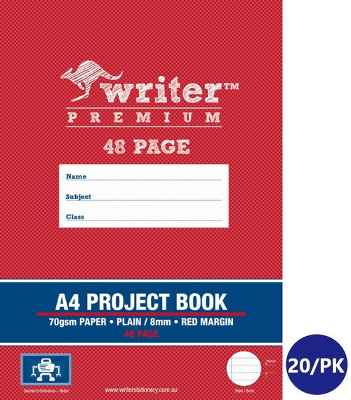 Writer Premium Project Book A4 48 Page Plain Plus 8mm Ruled Red Margin Robot Cover Pack 20 — front cover