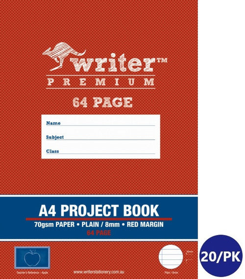 Writer Premium Project Book A4 64 Page Plain Plus 8mm Ruled Red Margin Apple Cover Pack 20 — front cover
