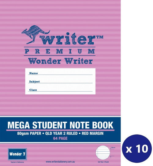 Writer Premium Wonder Writer A4 64 Page QLD Year 2 Ruled 80gsm Mega Student Notebook Pack 10 — front cover