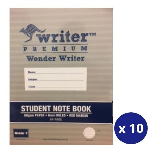 Writer Premium Wonder Writer A4 64 Page 8mm Ruled 80gsm Student Notebook Pack 10 — front cover