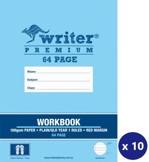 Writer Premium Workbook 330x245mm 64 Page Plain Plus QLD Year 1 Ruled Thongs Cover Pack 10 — front cover
