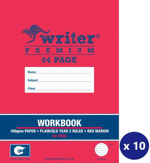 Writer Premium Workbook 330x245mm 64 Page Plain Plus QLD Year 2 Ruled Prawn Cover Pack 10 — front cover