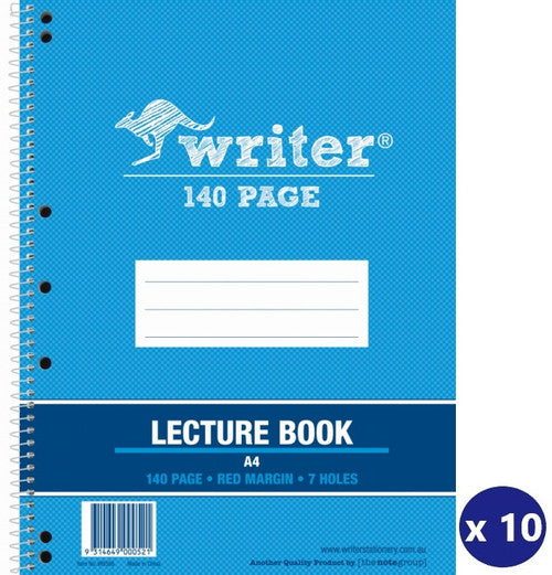 Writer A4 Lecture Book 140 Page with Margin Side Spiral 7 Holes Pack of 10