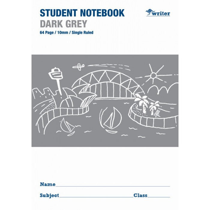 Writer Student Notebook 64 Page Single Ruled 10mm Dark Grey Pack 20