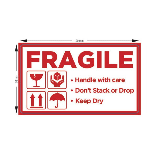 Roll of 1000 pre-printed fragile labels 90x52mm red on white