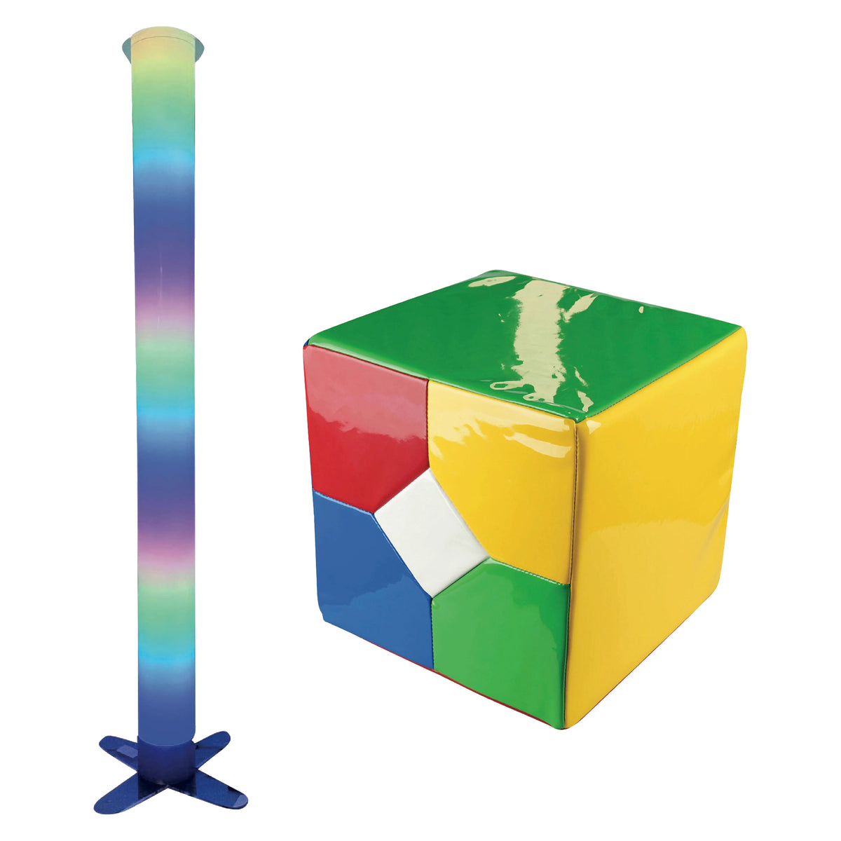MTA Essentials Waterless LED Tube and Extra Large Remote Cube displayed together against a white background. The tall illuminated acrylic tube shows graduated green, blue and purple colours beside the large multicoloured padded cube, clearly presenting both components supplied as part of the interactive sensory lighting kit.