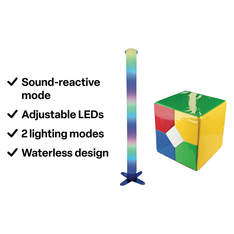 Product feature image showing the MTA Essentials Waterless LED Tube and Extra Large Remote Cube with key functions including sound reactive mode, adjustable LEDs, two lighting modes and waterless operation. The image presents both components together and highlights the interactive lighting capabilities of the sensory kit.