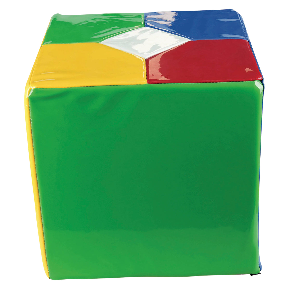 Extra Large Remote Cube shown against a clean white background. The soft 30cm cube features brightly coloured green, yellow, red, blue and white panels with a wipeable synthetic leather exterior, providing a clear product view of the interactive controller supplied with the MTA Essentials Waterless LED Tube kit.