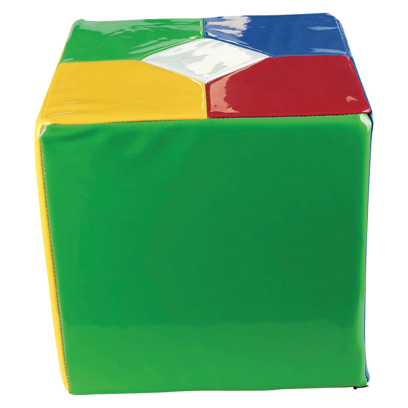 Extra Large Remote Cube shown against a clean white background. The soft 30cm cube features brightly coloured green, yellow, red, blue and white panels with a wipeable synthetic leather exterior, providing a clear product view of the interactive controller supplied with the MTA Essentials Waterless LED Tube kit.