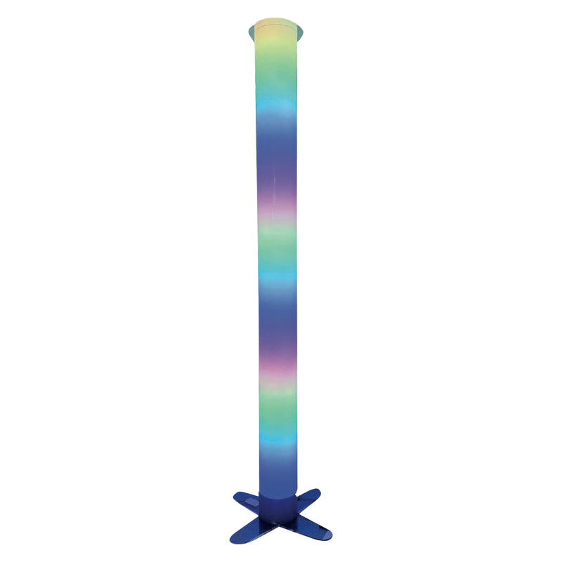 Full length product view of the MTA Essentials Waterless LED Tube against a clean white background. The slender 183cm acrylic column displays graduated green, blue and purple illumination and stands securely on a four point base, clearly presenting the tube shape, height and colourful LED lighting effect.