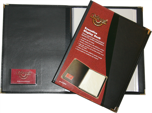 Waterville Executive Display Book with 20 copy-safe pockets, black vinyl cover and brassed metal corners