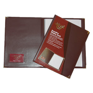 Waterville burgundy executive display book shown open with its retail presentation cover against a clean white background. The product view demonstrates the traditional vinyl finish, internal card window, fixed clear pockets and metal corner protectors, providing a clear reference for the book's executive styling and A4 presentation format.