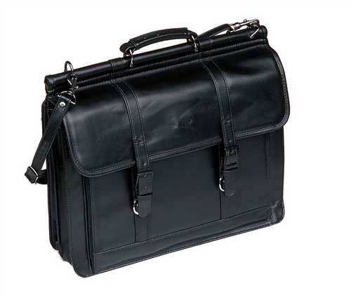 Waterville WSL-98 Softline faux Nappa Calfskin briefcase and laptop case in black with saddle-back style and shoulder strap