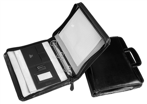 Waterville WL-36A4 black top grain cowhide zippered compendium with 40mm 3-ring binder and retractable handles
