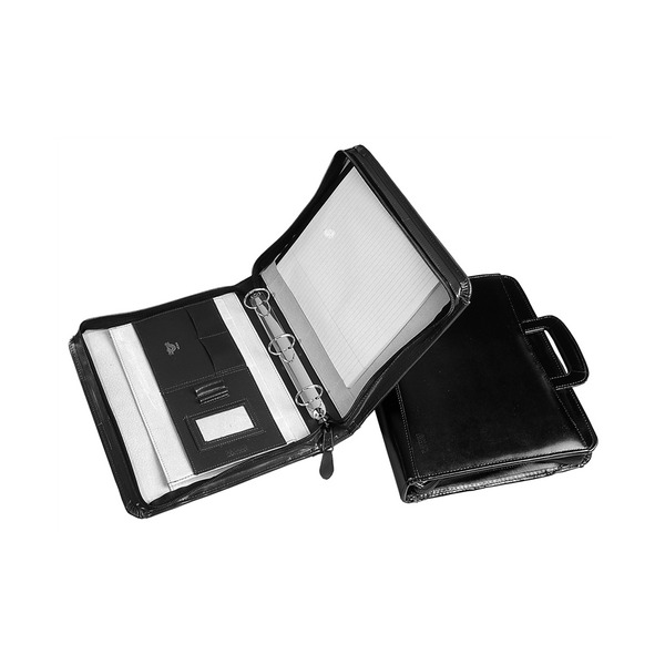 Waterville WL-36A4 black top grain cowhide zippered compendium with 40mm 3-ring binder and retractable handles