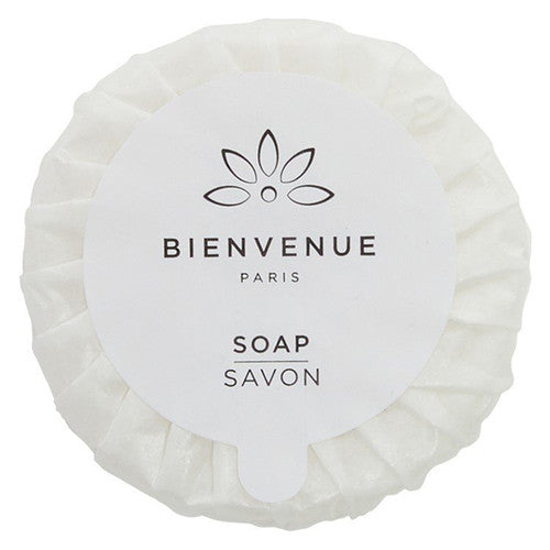 Bienvenue 20g round soap bar in white pleat-wrapped packaging, carton of 200 units for hotel guest amenities