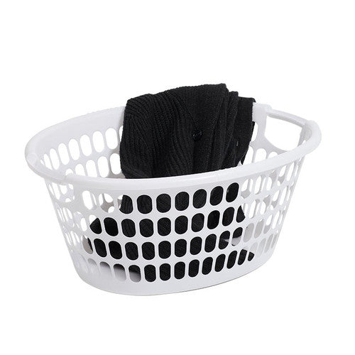 Side view of Weatherdon laundry basket showing perforated design, 590mm x 460mm x 250mm