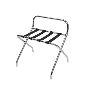 Compass chrome luggage rack, open, with four black straps and a raised chrome back rail at the rear