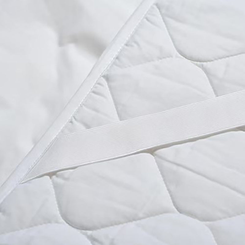 Close-up of a white elastic corner strap stitched to the quilted white protector