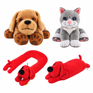 MTA Essentials Weighted Therapy Pets Calming Set of 4 displayed clearly against a white background. The collection includes Theo the brown plush Therapy Dog, Chloe the grey Comfort Cat, the curved red Patrick Dog shoulder pad and the rectangular red Patrick Dog weighted lap pad for supervised sensory support.