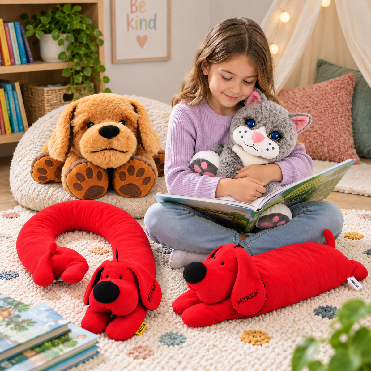 Child seated in a comfortable reading corner cuddling the grey Chloe Comfort Cat while looking at a picture book. Theo the brown Therapy Dog, the red Patrick shoulder companion and Patrick weighted lap pad surround the child, showing different ways the weighted sensory resources can support supervised quiet activities.