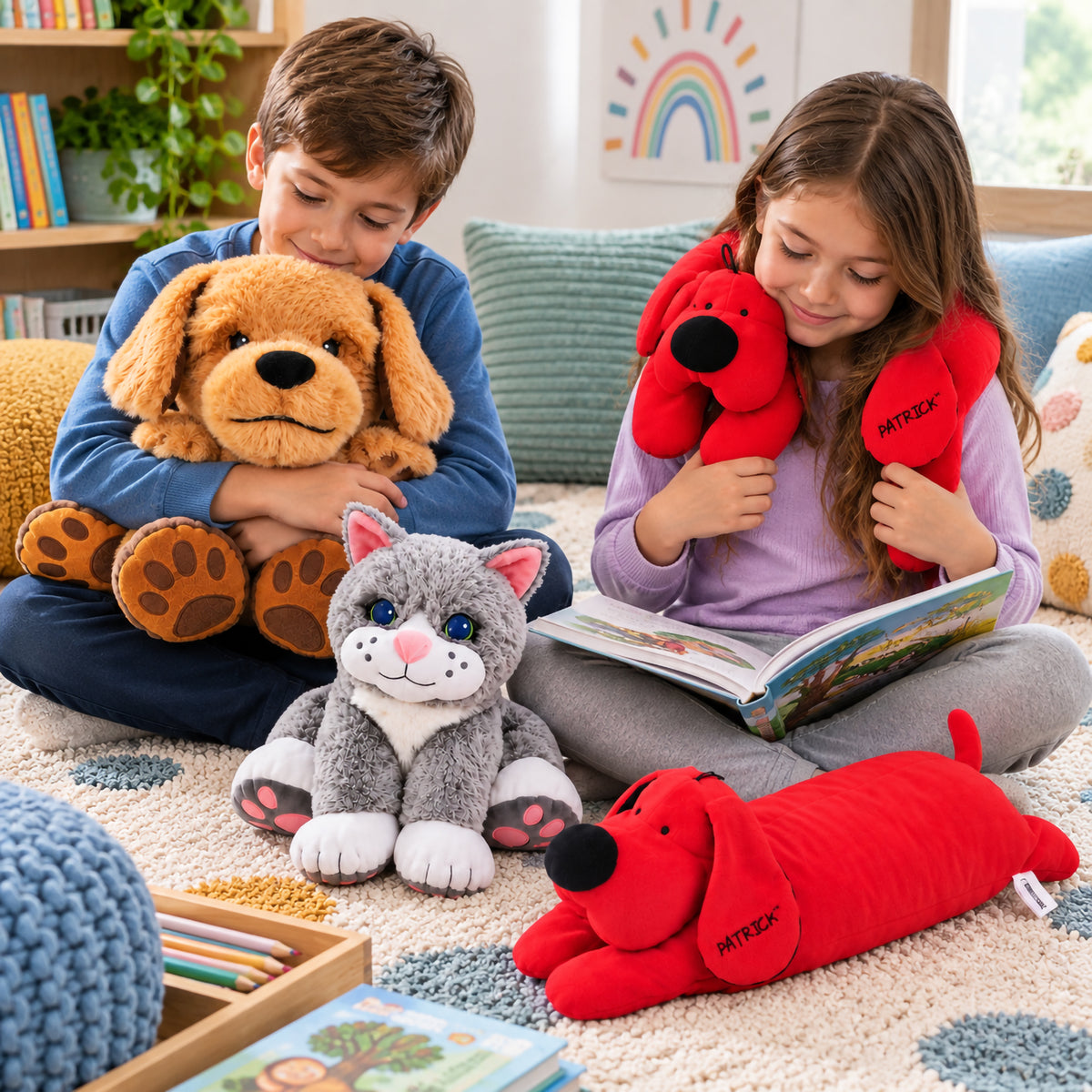 Two children enjoying a quiet reading activity with the MTA Essentials Weighted Therapy Pets Kit. One child cuddles the large brown Theo Therapy Dog while another wears the red Patrick Dog shoulder pad. Chloe the grey Comfort Cat and the red Patrick weighted lap pad are positioned nearby in a welcoming sensory learning space.